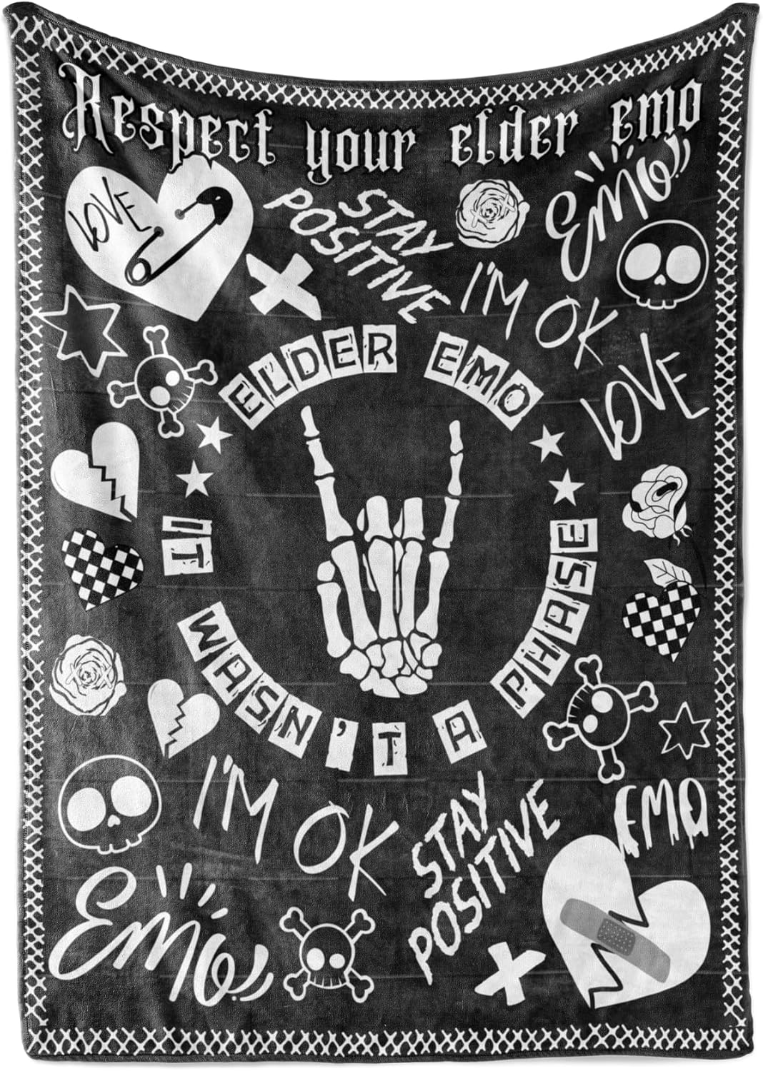 Skull Goth Elder Emo Blanket for Men & Women, Cool Elder Emo Gothic Skeleton Gifts for Birthday, Christmas, Flannel Blanket Throw, 65 x 50 inches - Black - Elder Emo It Wasn't a Phase