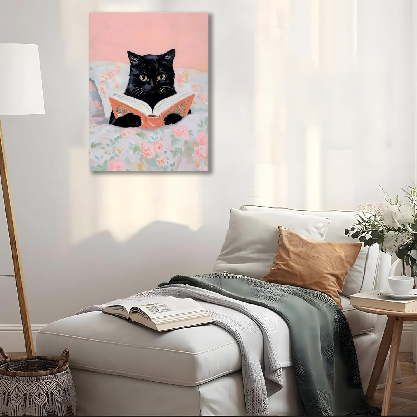 Framed Cats Canvas Wall Art, Funn Black Cat Reading Books Picture Wall Decor, Pink Vintage Animal Poster Prints for Girls Room Bedroom Kids Room Living Room Bathroom Decor 16x24 inch