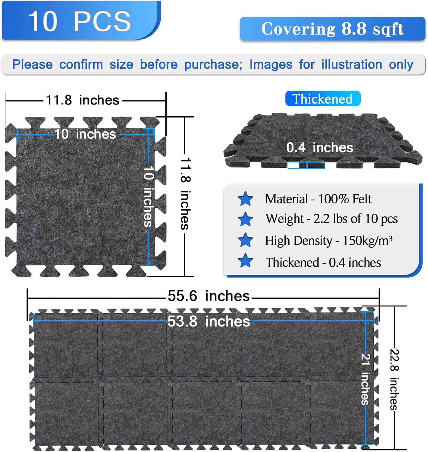 BXI Soundproof Interlocking Rug Pad 10 Pcs, 11x 11 x 0.4 inches Non Slip Rug Pads, High Density Noise Reduction Puzzle Felt Carpet Padding, Rug Mat Protects and Adds Cushion for Hardwood Floors