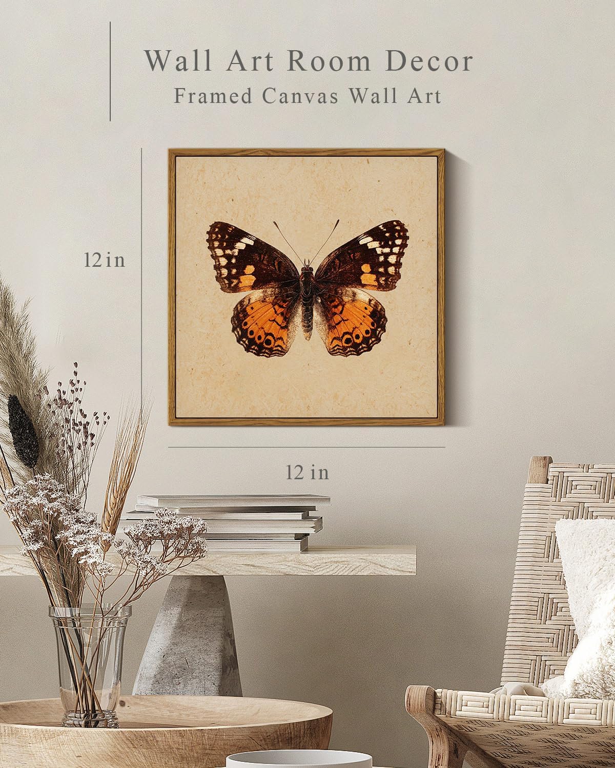 InSimSea Vintage Butterfly Square Canvas Wall Art, Antique Insect Wall Decor Paintings, Cottagecore Moth Artwork Pictures Prints Retro Home Decor for Living Room,Bedroom, Office 12"x12"