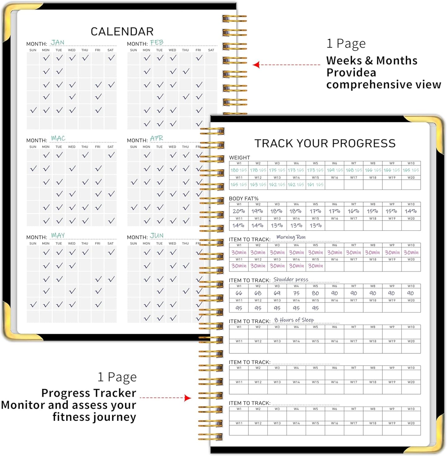 Workout Journal Fitness Tracker Planner for Men & Women, 5.9"×9.4" Workout Log Book for Tracking Gym & Home Workouts, Monitoring Progress - Exquisite Design Hardcover with Metal Corner , A5 Size Black Easy to Carry