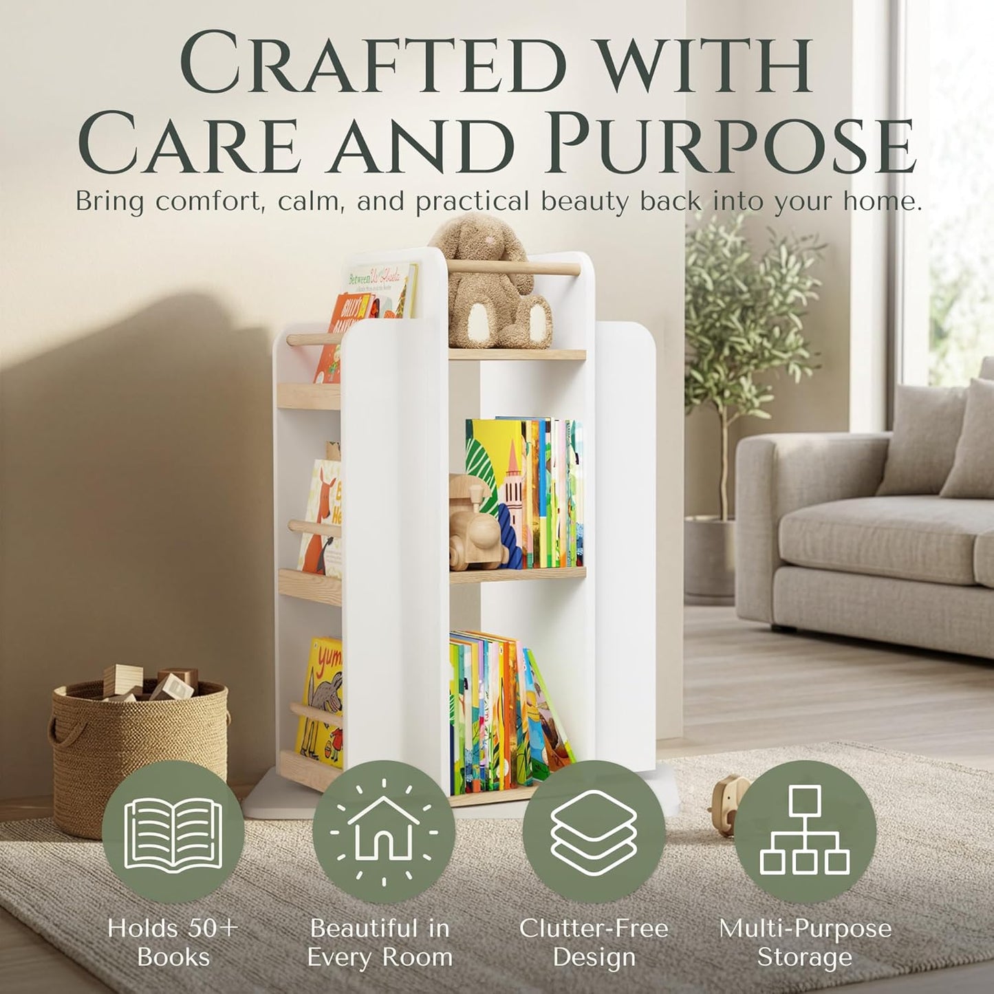 COVE & KIN Kids Rotating Bookshelf Organizer – 360° Montessori-Inspired Front-Facing Bookcase for Toddlers & Kids, Space-Saving Wooden Book Shelf for Nursery, Playroom & Bedroom