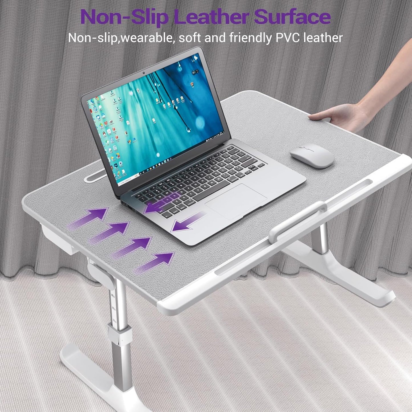 NEARPOW XXL Bed Table Desk for Laptop and Writing, Adjustable Computer Tray Laptop Stand for Bed or Sofa with Anti-slip Leather, Removable Stopper, Book Stand and Drawer - Gray