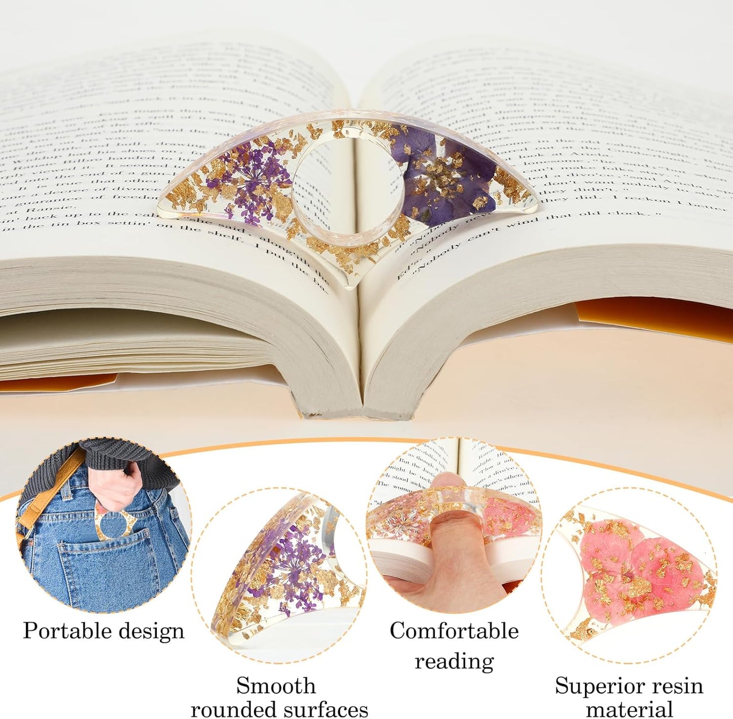 Resin Book Page Holder for Reading, 4 Pieces Transparent Dried Flower Resin Bookmarks Thumb Book Page Holder, Handmade Personalized Reading Book Accessories for Teacher, Student, Book Lovers