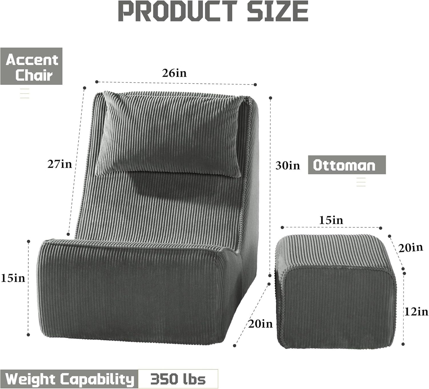 Trenda Chaise Longue Chair with Ottoman, Boneless Accent Recliner Chair with Washable Cover, Adjustable Neck Pillow, Comfy Floor Chair for Living Room, Bedroom, Small Space.