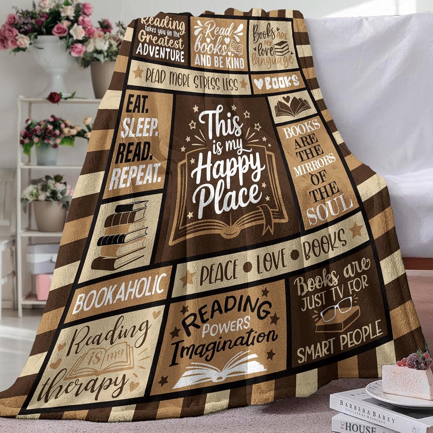 Book Lovers Gifts Flannel Throw Blanket, This is My Happy Place Gift for Reader, Reading Birthday Ideas, Book Club Librarian Blanket for Bookworm Bookish 50"x60"