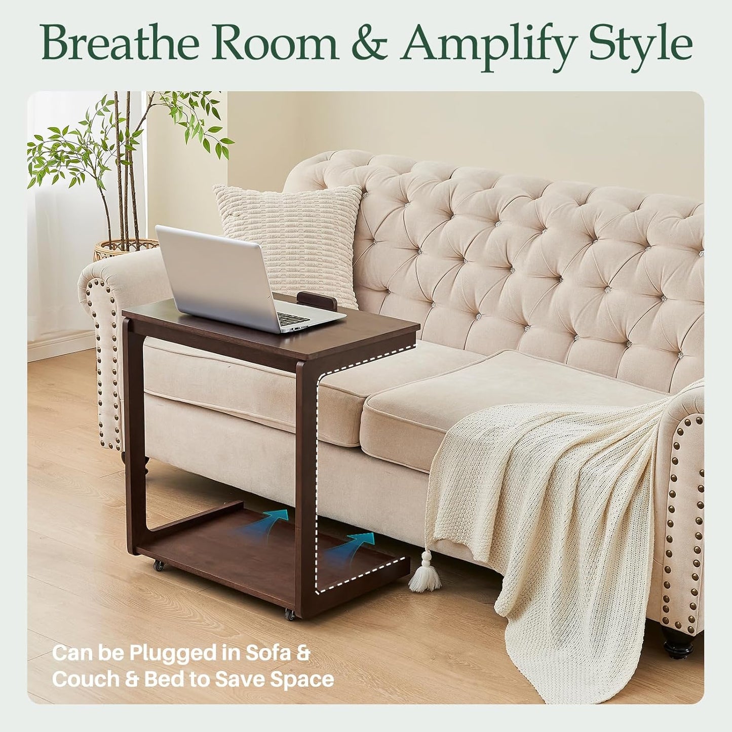C Shaped End Table with Wheels - Solid Wood Rolling C Shape Small Side Table for Couch, Wooden Tv Tray Bedside Tables for Sofa Living Room Bedroom, Brown, 15.4 in x 23.6 in x 24.8 in