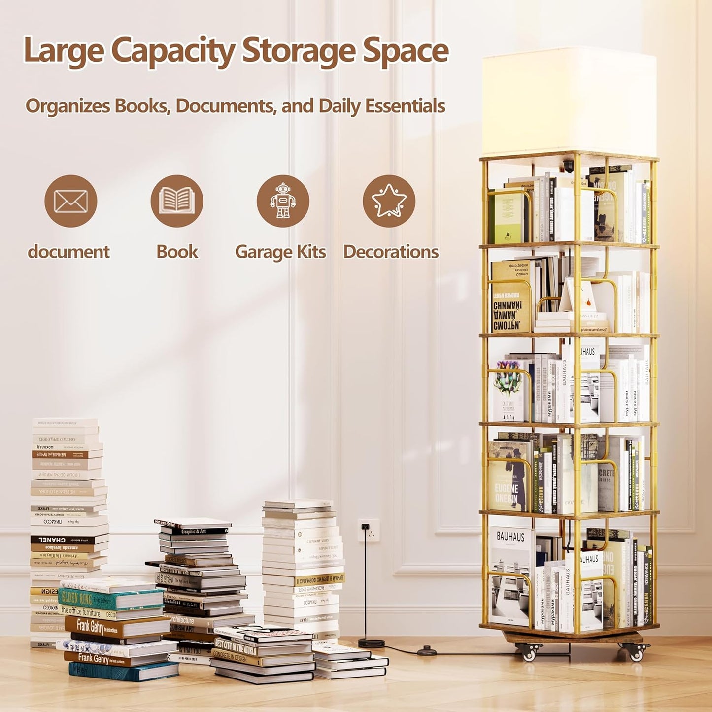 5 Tier Rotating Bookshelf with LED Light, 360 Degree Spinning Square Storage Shelf for Small Corner, Rotating Bookshelf Tower for Home, Rooms, Office (Gold+Brown)