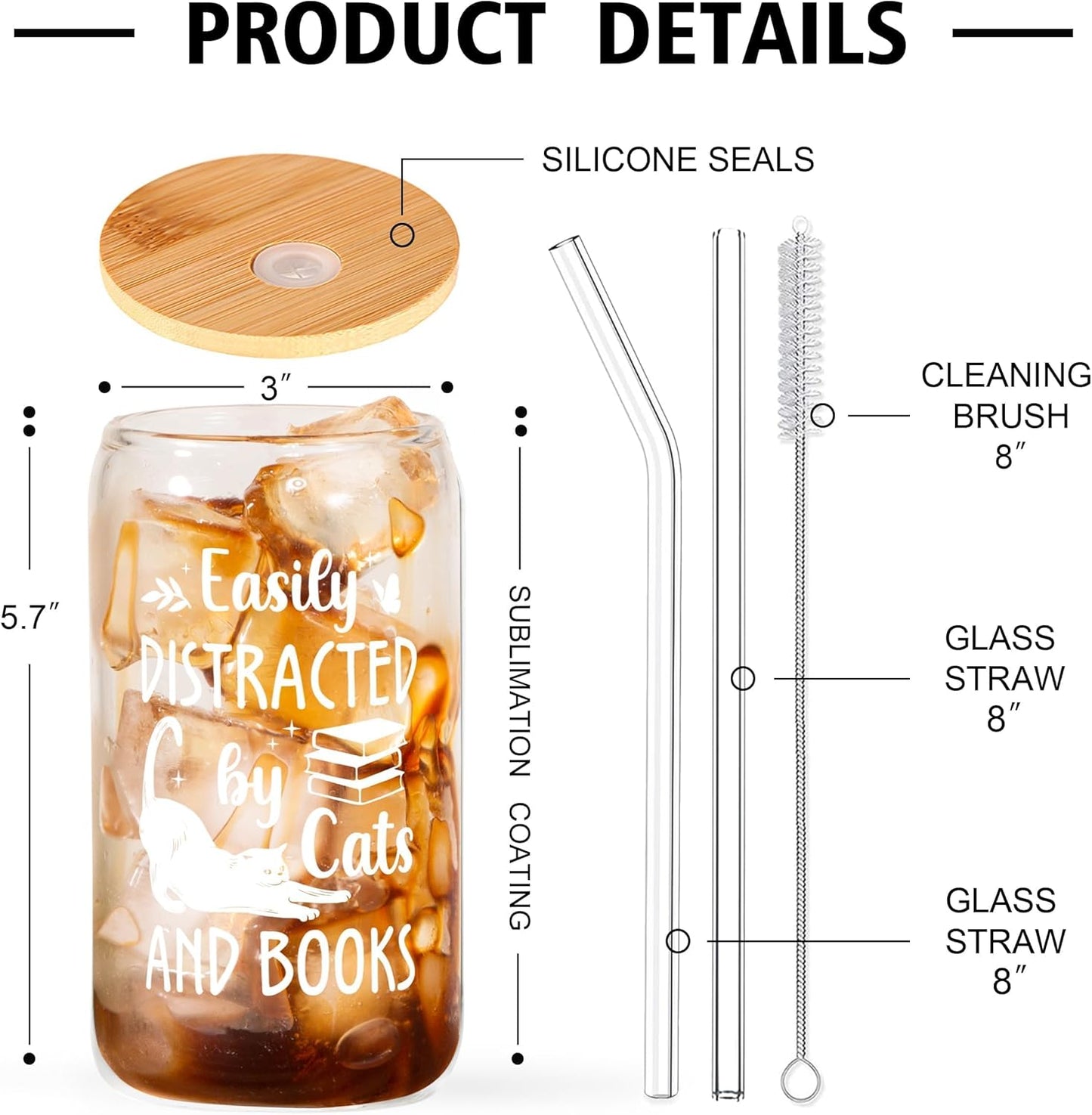 BeneCharm Cat Book Lovers Gifts - 16oz Glass Cups with Lid & Straw for Readers, Bookworm, Cat Lovers - Cute Bookish Present, Coffee Tumbler - Reading Accessories & Book Club Gifts