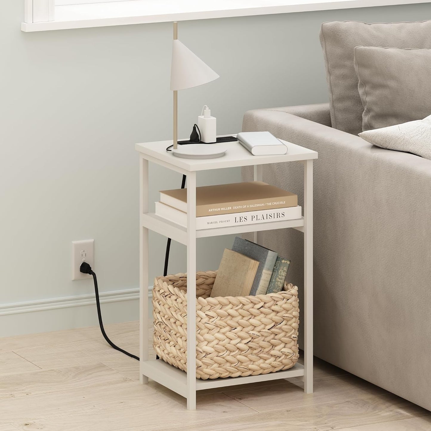 Furinno Moretti Side Table, 3-Tier Modern End Table with Charging Station, Metal Frame Night Stand, Bedside Table with USB and Type-C Charging Port, for Living Room, Bedroom, White