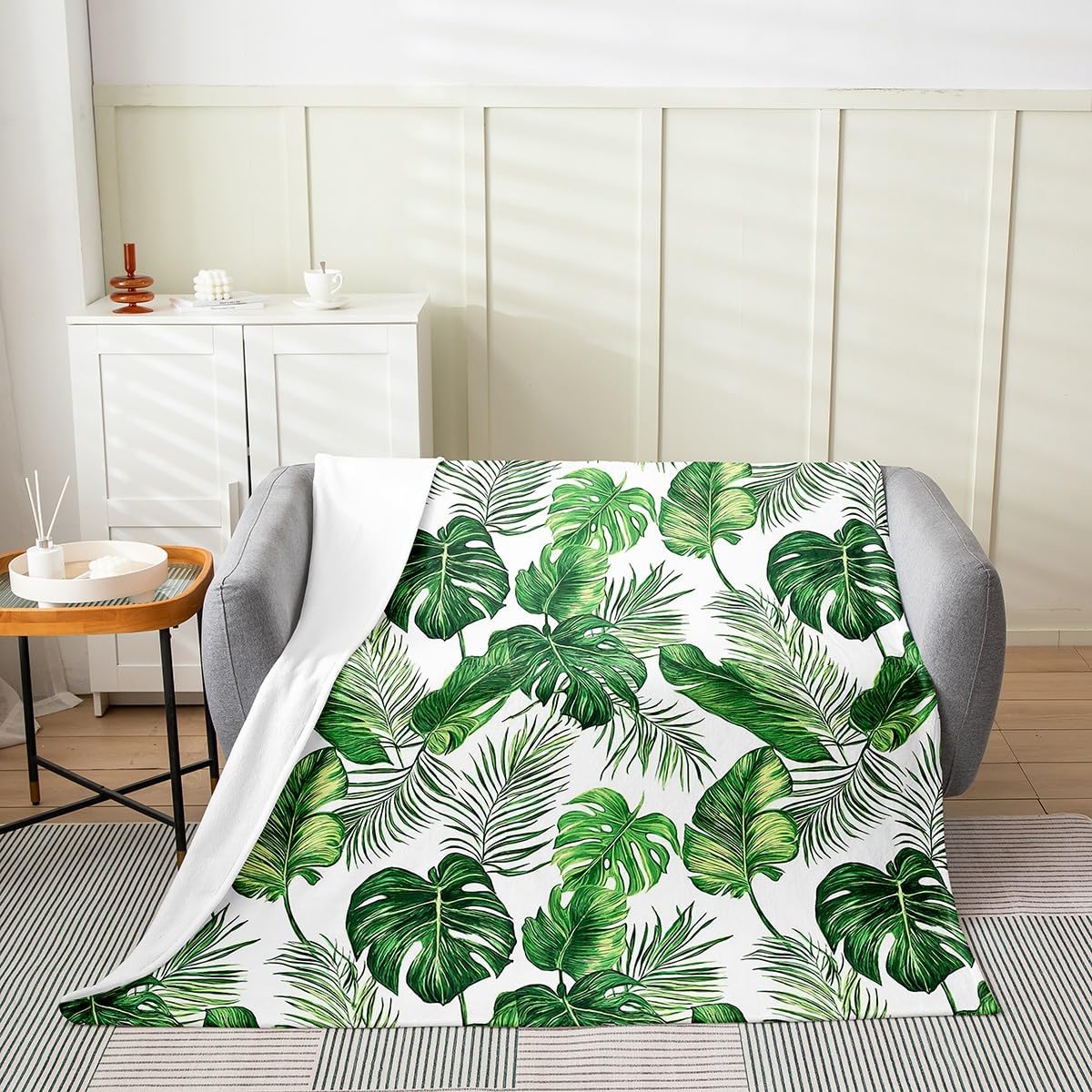 Erosebridal Palm Leaves Throw Blanket 40x50, Green Hawaiian Fleece Blanket All Season, Monstera Banana Leaf Flannel Blanket Living Room Decor, Summer Tropical Leaf Bed Blanket