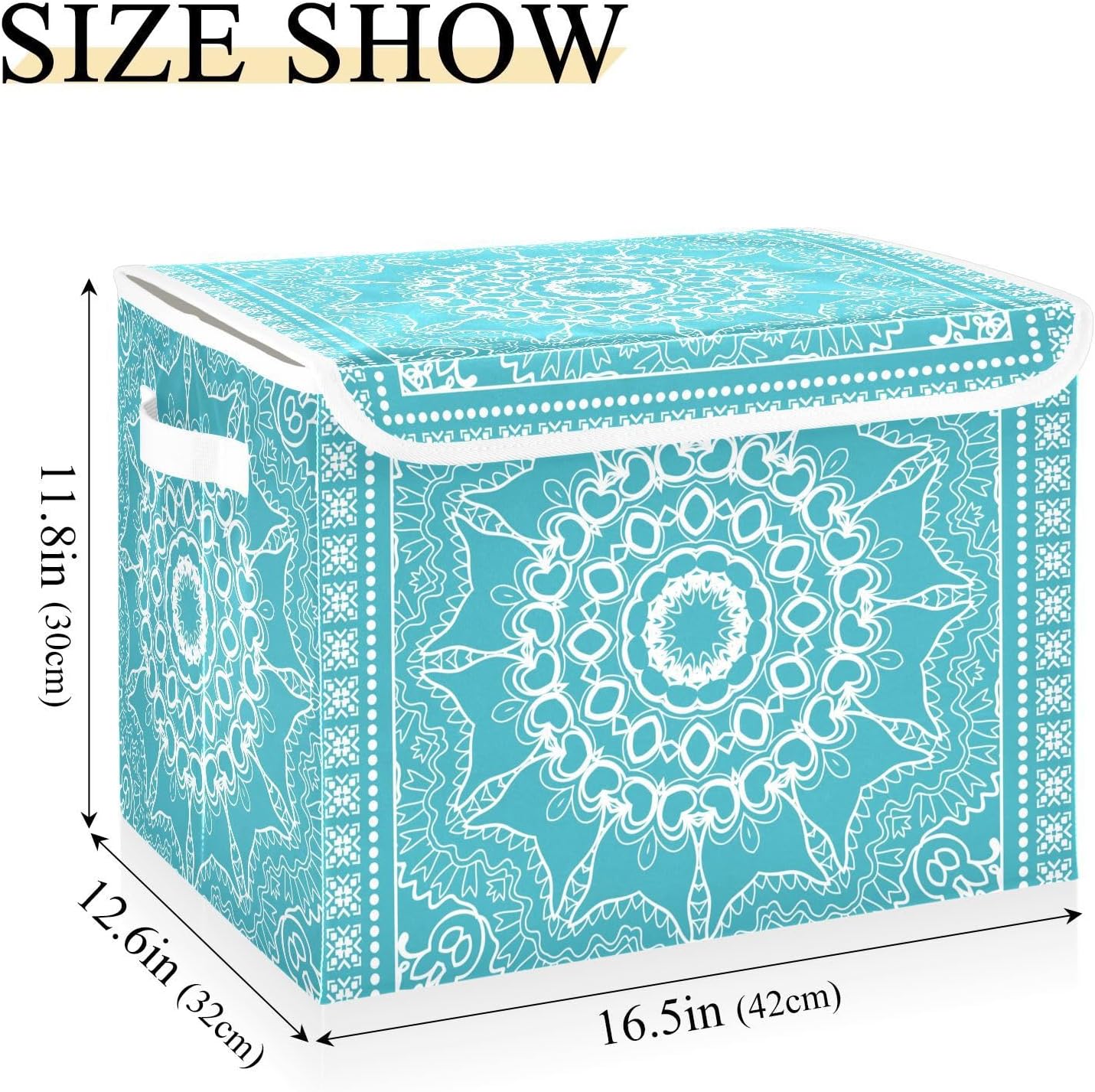 Retro Boho Blue Storage Bins with Lids Fabric Storage Containers Box Organizer with Handles for Closet Shelves Clothes Foldable Decorative 16.5 x 12.6 x 11.8 Inch