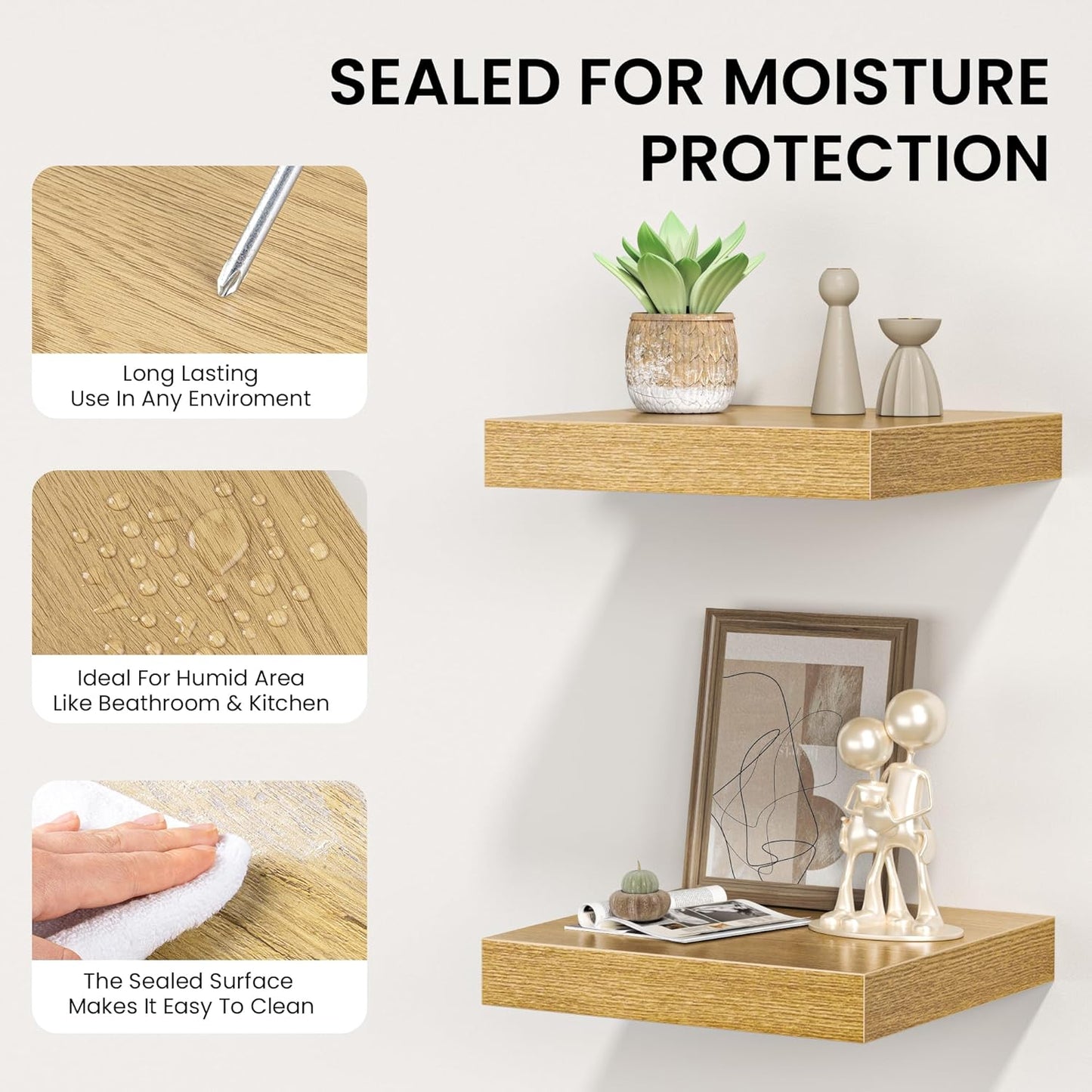 Square Floating Shelves for Wall, 10" W x 10" D x 1.4" H, Small Wooden Wall Mounted Display Shelves with Invisible Brackets for Living Room, Bedroom, Bathroom, Kitchen Decor, Set of 4, Oak