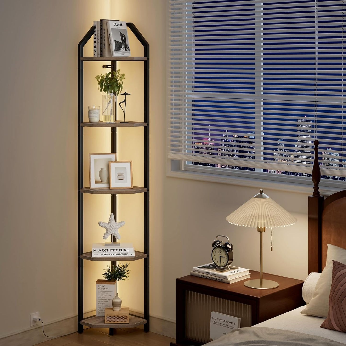 70 Inch Corner Shelf with LED Lights, 5-Tier Corner Bookshelf for Small Spaces, Wood & Metal Storage Rack for Bedroom, Living Room, Office - Modern Space Saving Design- Grey