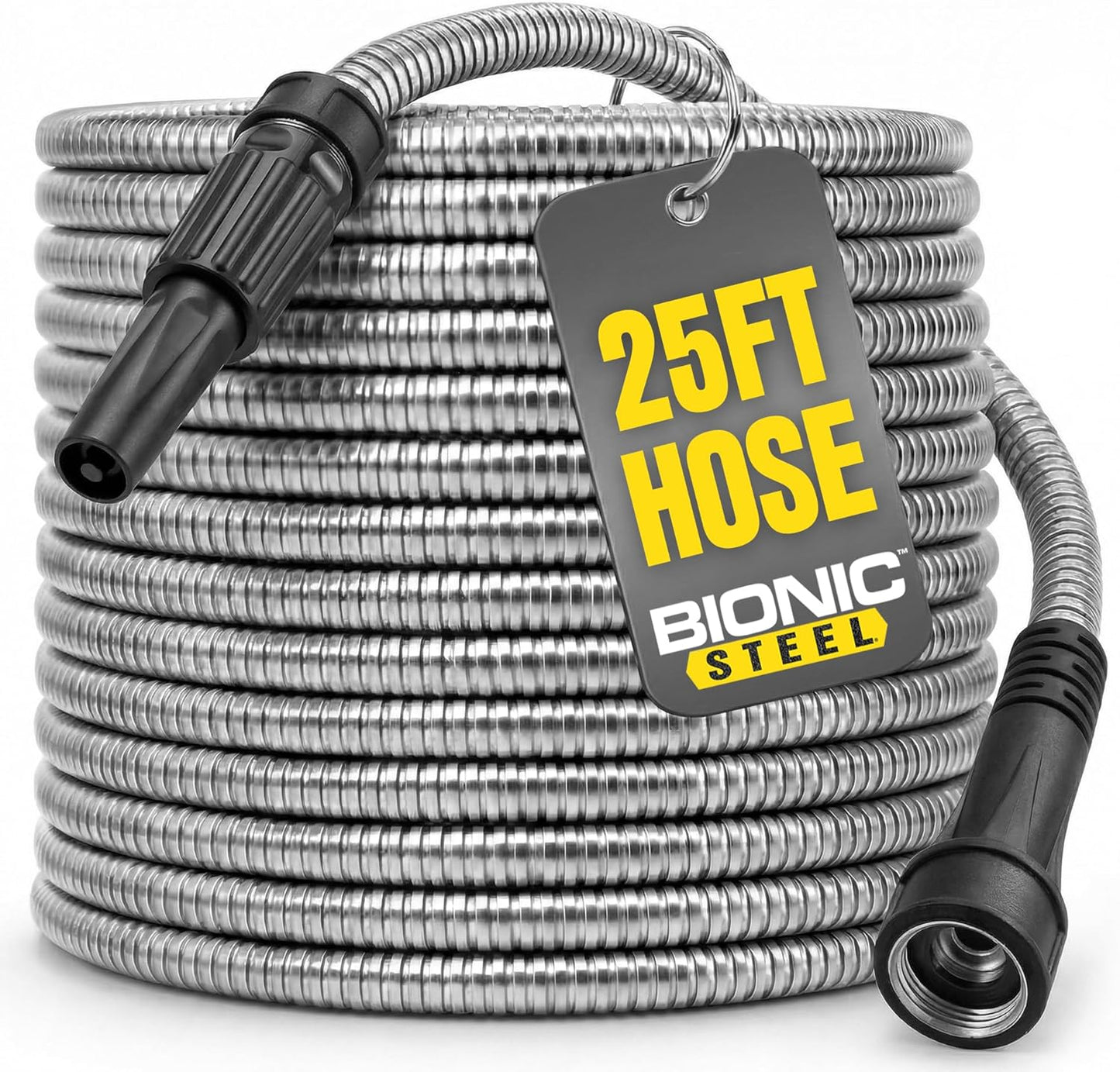 Bionic Steel 25 Ft Metal Garden Hose with Nozzle, 25Ft x 5/8 In. Premium 304 Stainless Steel Metal Water Hose, Flexible Non Kinking, Lightweight, Heavy Duty, for Yard, Outdoor