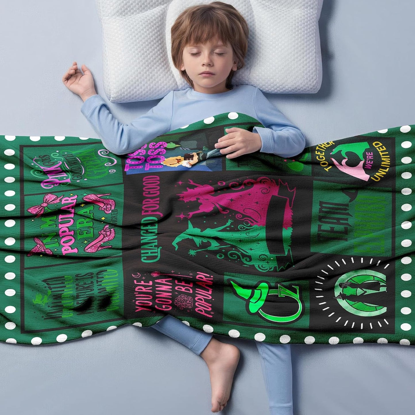50'' x 40'' Witch Green Vintage Flannel Blanket, Evil Gift Queen Throw Broom, Elphaba Hat Glinda Magic Movie Land Blanket, All Seasons Warm Cozy Soft Blanket for Sofa Bed Halloween Women Girls Fans 1