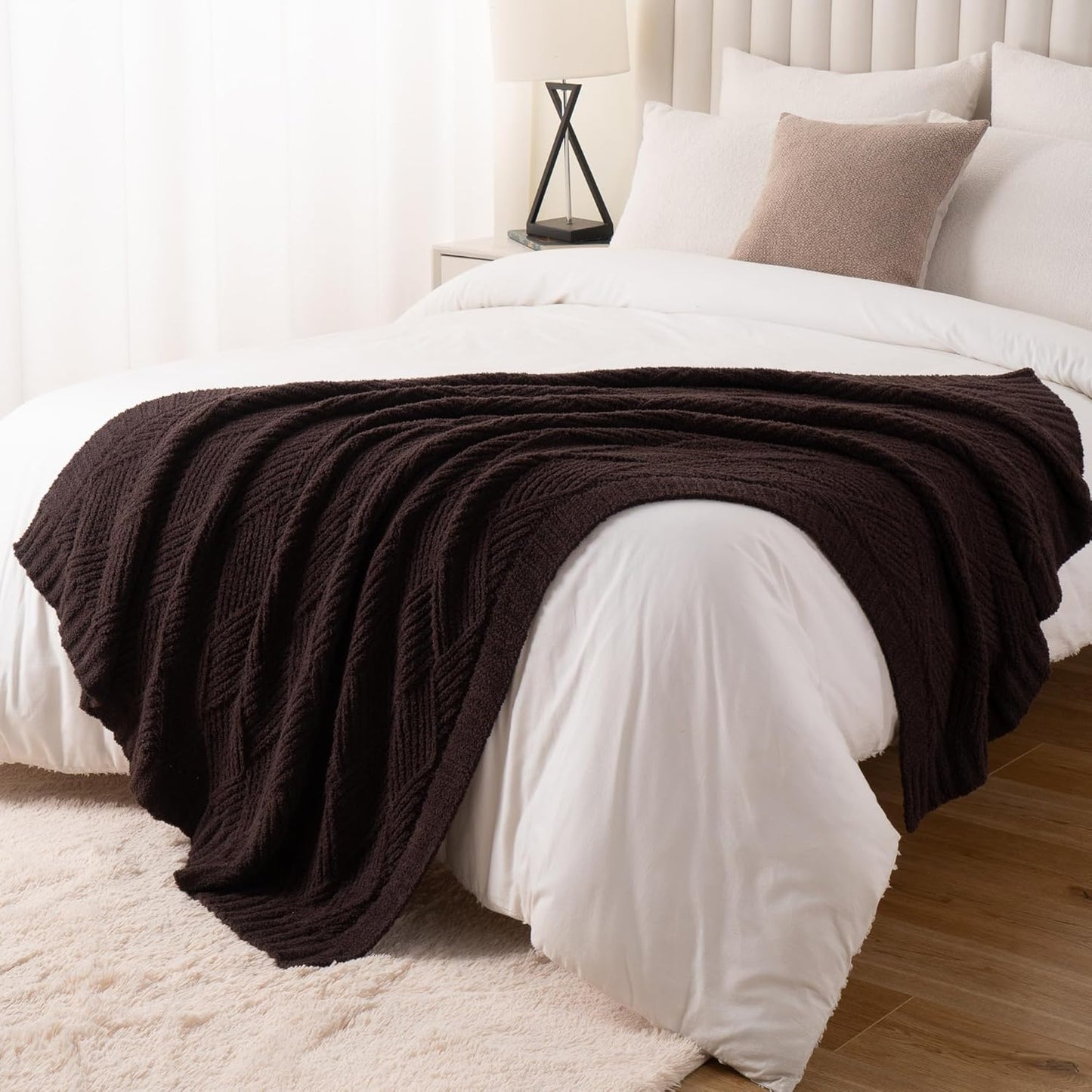 Battilo Brown Chenille Throw Blanket for Couch, Soft Diamond Textured Knit Blanket, Cozy Lightweight Decorative for Sofa, 50"x60"