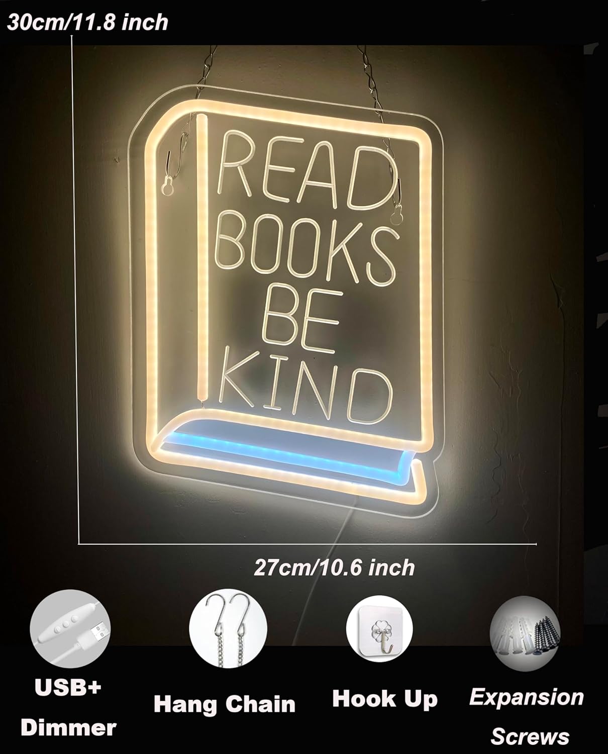 Read Books Be Kind Neon Sign Classroom Neon Lights Dimmable LED Light Up Sign for Bedroom Bookstore Reading Room Library Museum Study Room Wall Decoration Encourage People to Love Reading
