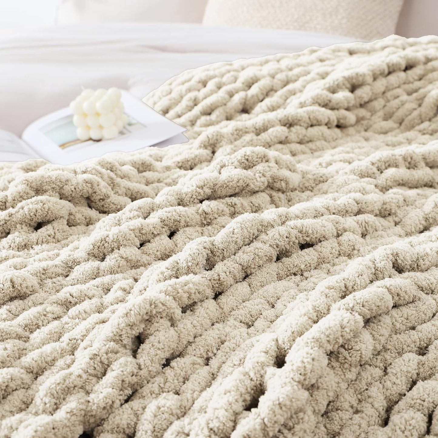 WRENSONGE Chunky Knit Blanket Throw Beige Large Soft Fluffy Cable Knit Crochet Throw 100% Hand Knitted Blanket for Couch Bed(50"x60")