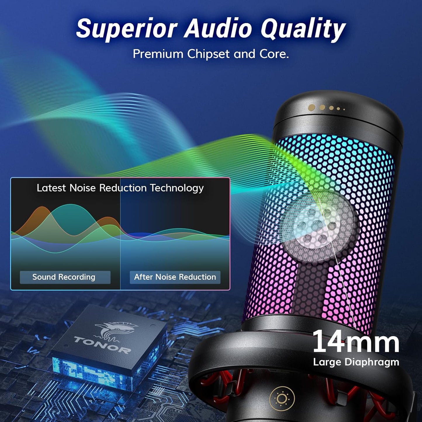 TONOR Gaming Microphone Set with Boom Arm, Vocal Condenser Microphone for PC with Stand, USB Mic with controllable RGB Light, One Tap Mute, Volume Control, for Discord, Twitch Streaming, TC310+