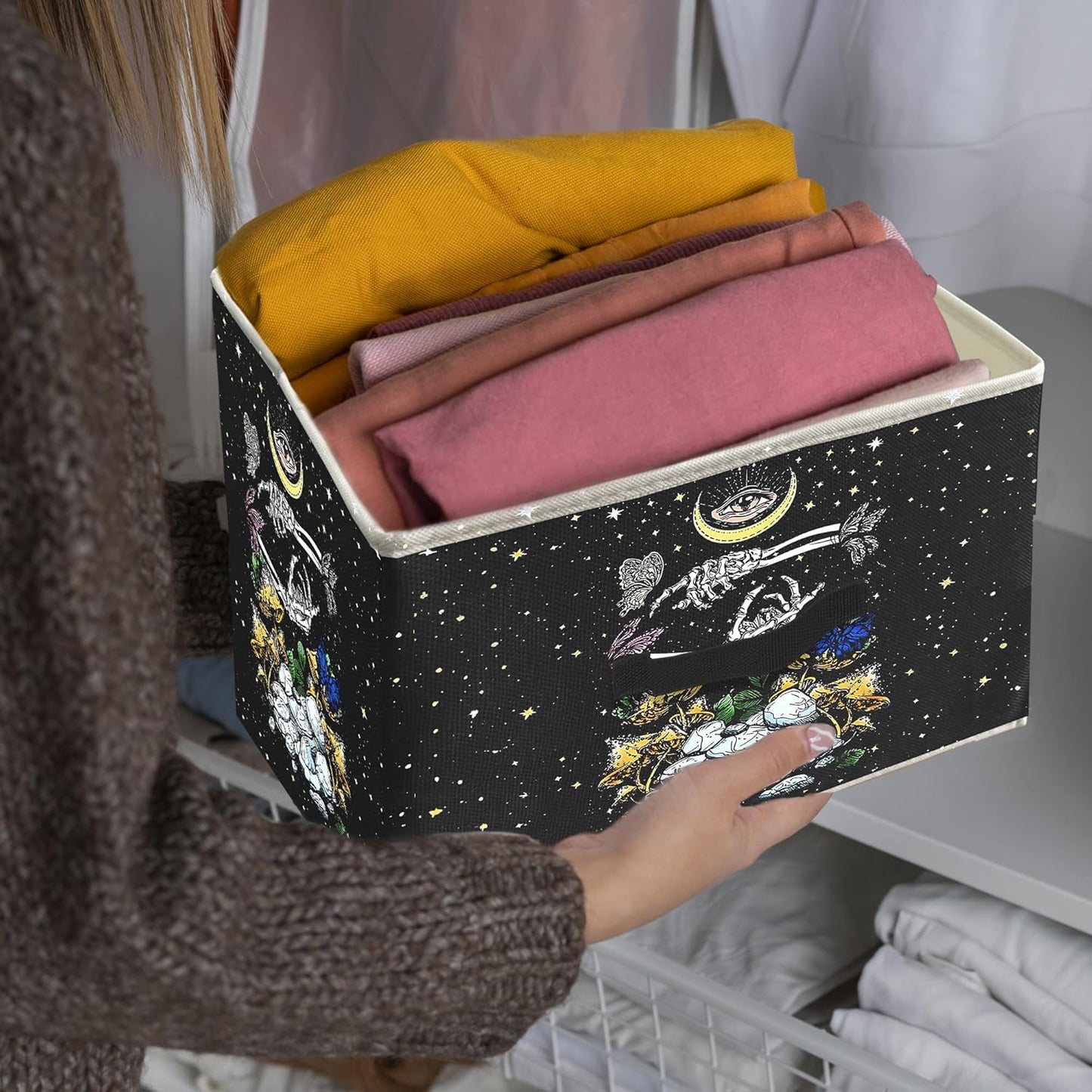 Knibeo Gothic Skull Mushroom Moon Fabric Storage Bins for Shelves Closet, Skeleton Butterfly Tarot Gothic Aesthetic Collapsible Cube Baskets Organizer for Clothes Books Toys