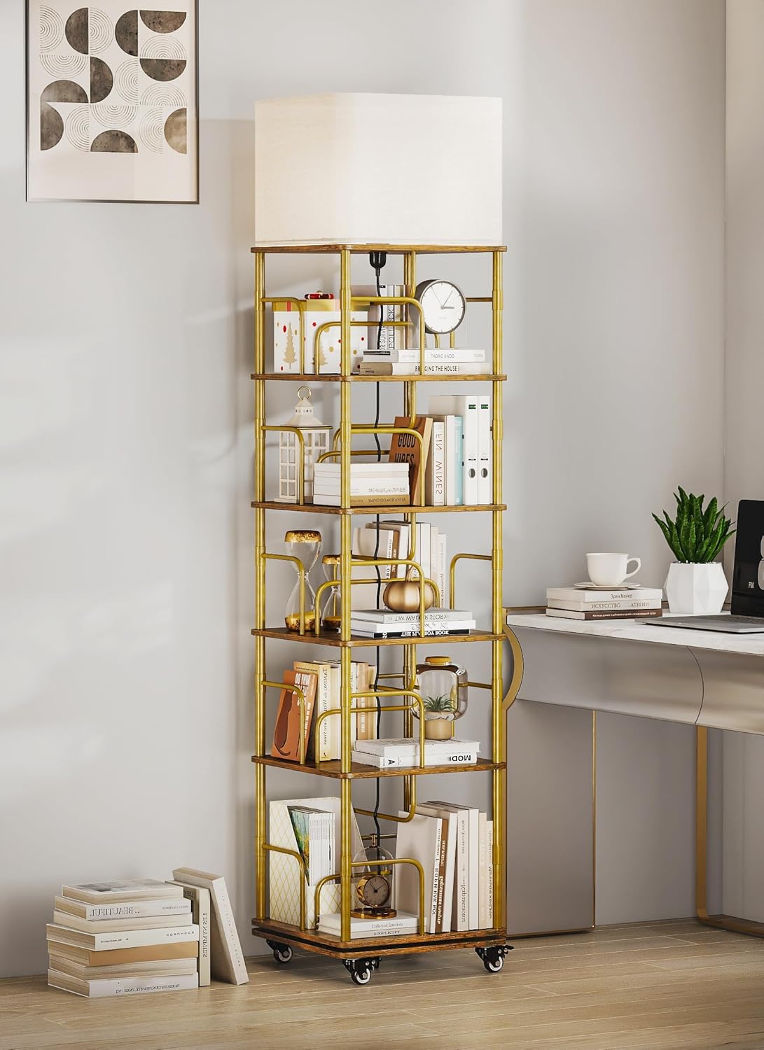 Rotating Bookshelf with Light, Wood Revolving Bookshelf Tower with Wheels, Small Floor Standing Book Organizer, 360 Display Corner for Small Space, 5-Tier