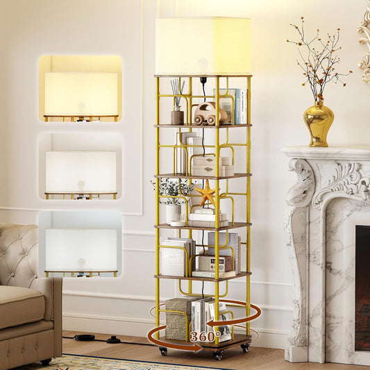 5 Tier Rotating Bookshelf with LED Light, 360 Degree Spinning Square Storage Shelf for Small Corner, Rotating Bookshelf Tower for Home, Rooms, Office (Gold+Brown)