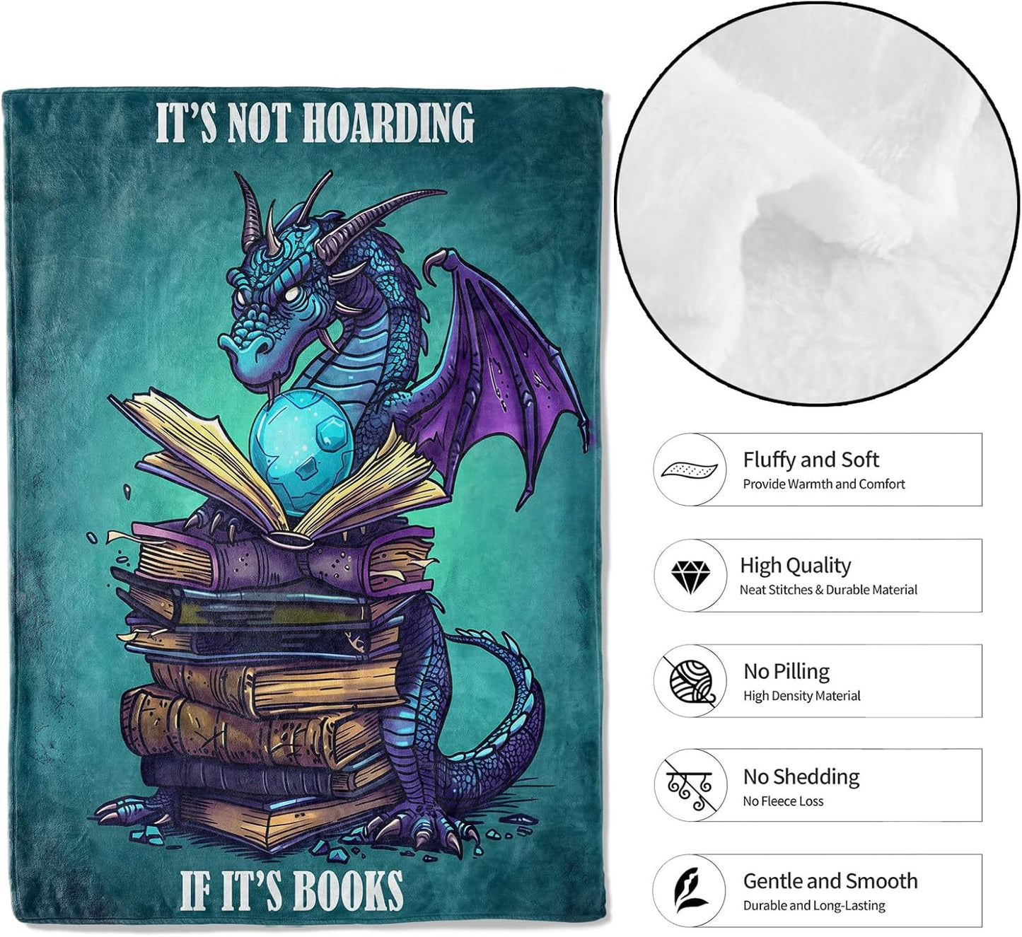 Fantasy Dragon Book Hoarder Throw Blanket, 60x80in, Soft, Lightweight Flannel, Magical Reading Stack with Blue Animal and Quote Blankets, Gifts for Boys, for Home Living Room Decor