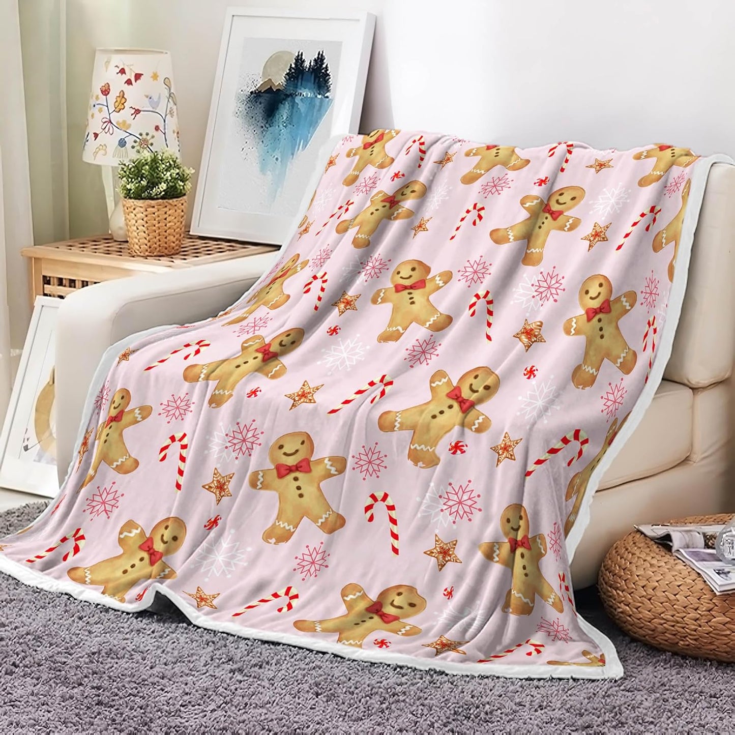 Christmas Gingerbread Man Throw Blanket, Super Soft Flannel Cozy Candy Cane & Snowflake Print Throw Blankets, Plush Blanket for Couch Bed Sofa Festive Gift for Women Men Kids
