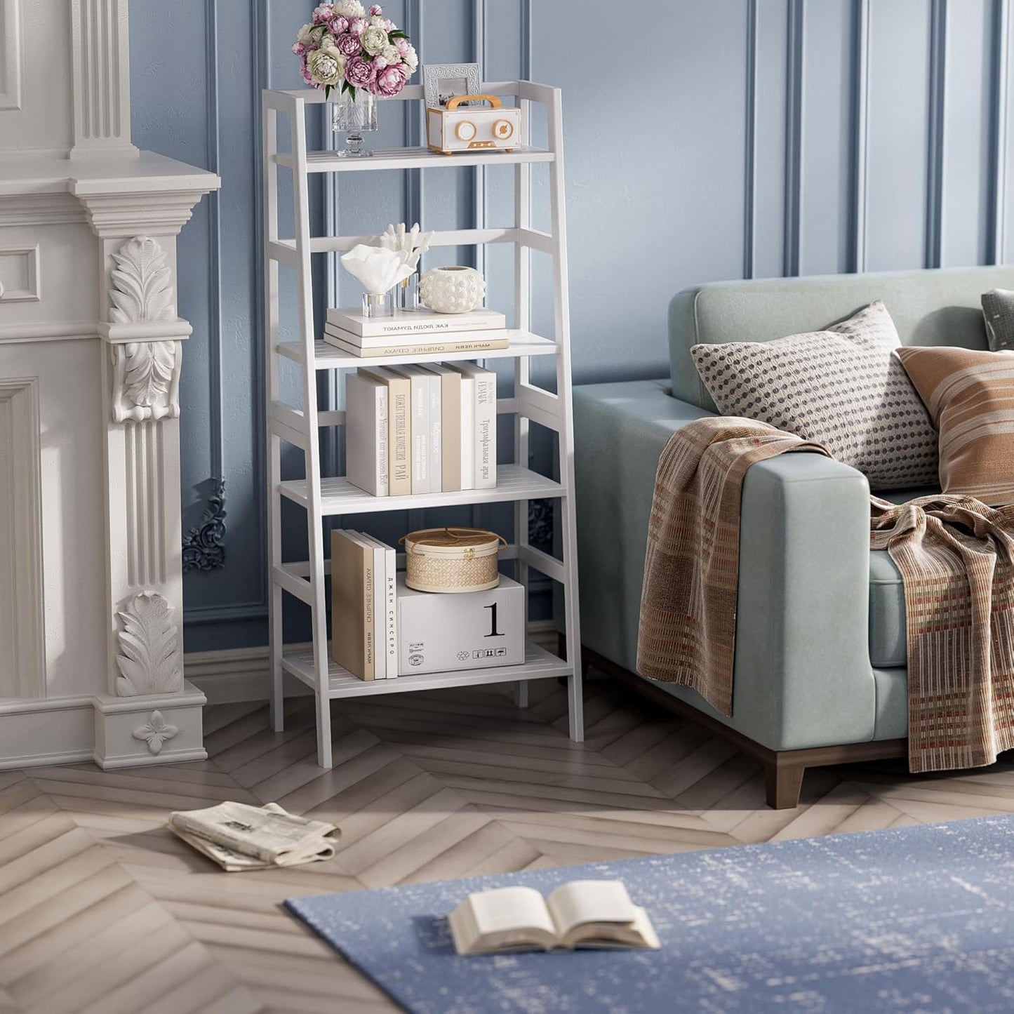 HITNET White Ladder Bookshelf, Leaning Bookcase, 4-Tier Bamboo Shelf, Floor Standing Storage Shelving Unit, Open Display Book Shelves