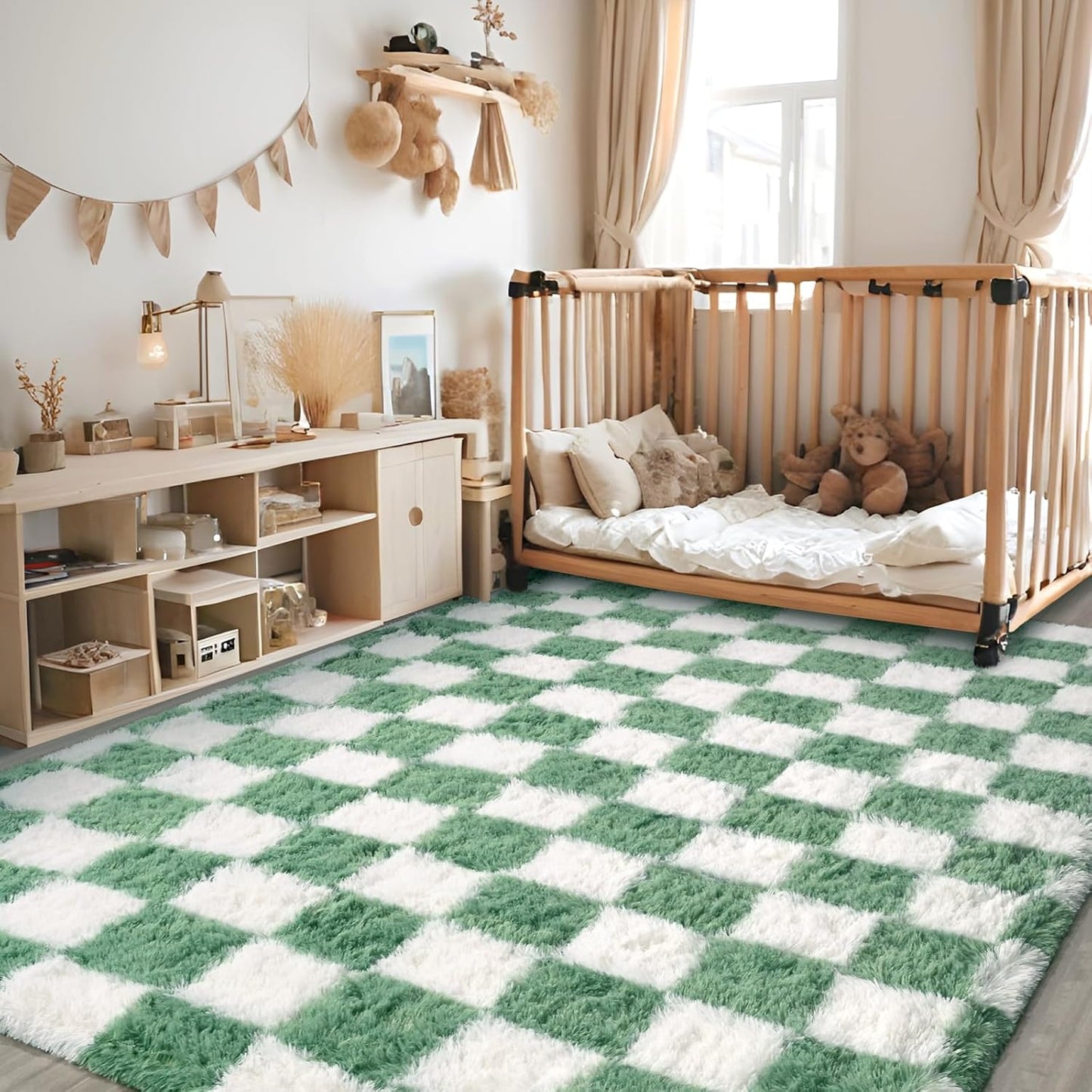 Rugs for Bedroom Living Room, 4x6 ft Sage Green and White Checkered Area Rug, Fluffy Soft Washable Carpet, Modern Non-Slip Shag Carpets for Boys Girls Nursery Home Aesthetic Decor