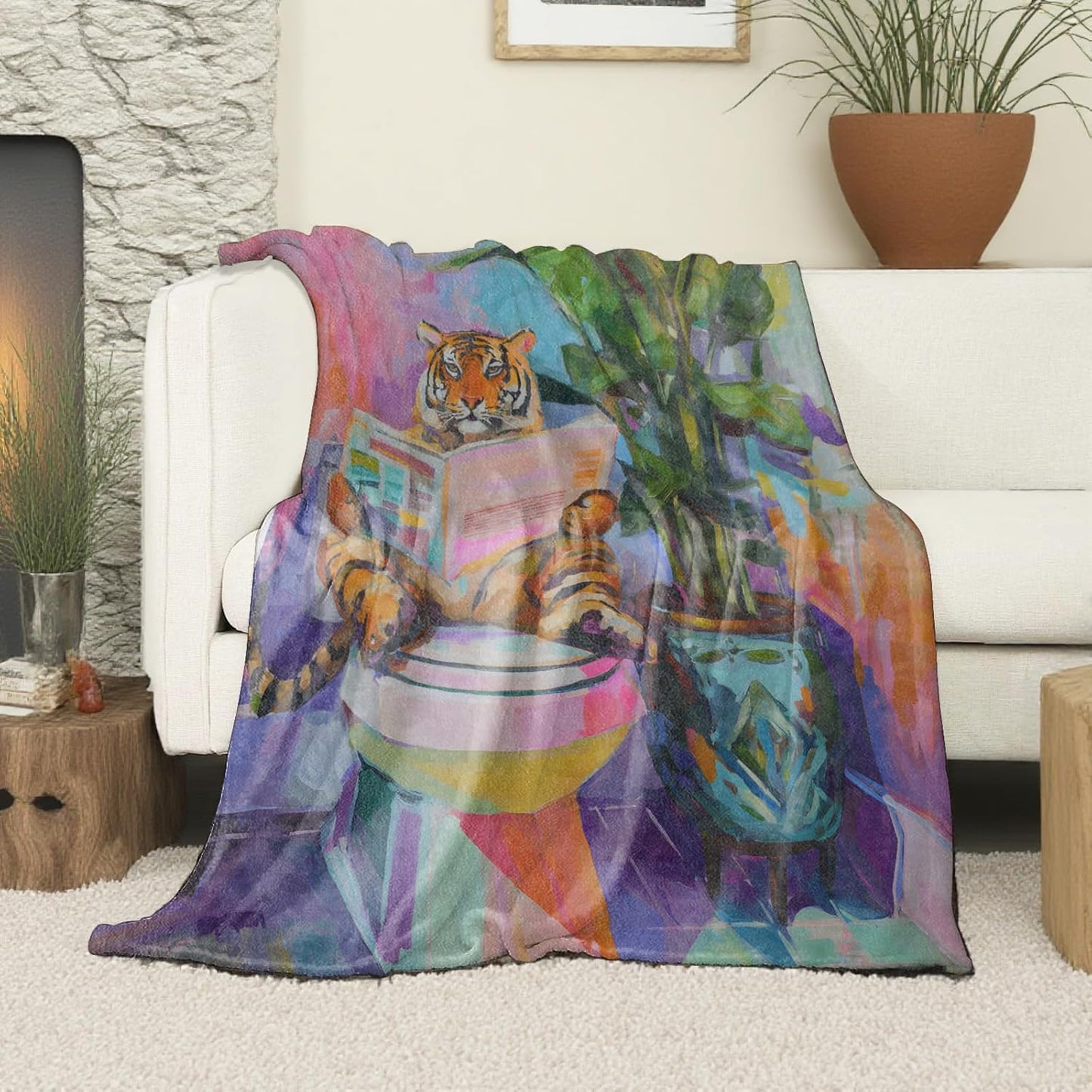 Funny Tiger Blanket, Soft Cozy Lightweight Colorful Tiger Reading Newspaper on Toilet Throw Blanket for Women Men Teens Kids, Sofa Couch Bed 50x60 Inch Flannel Blankets for Travel Decor Gifts