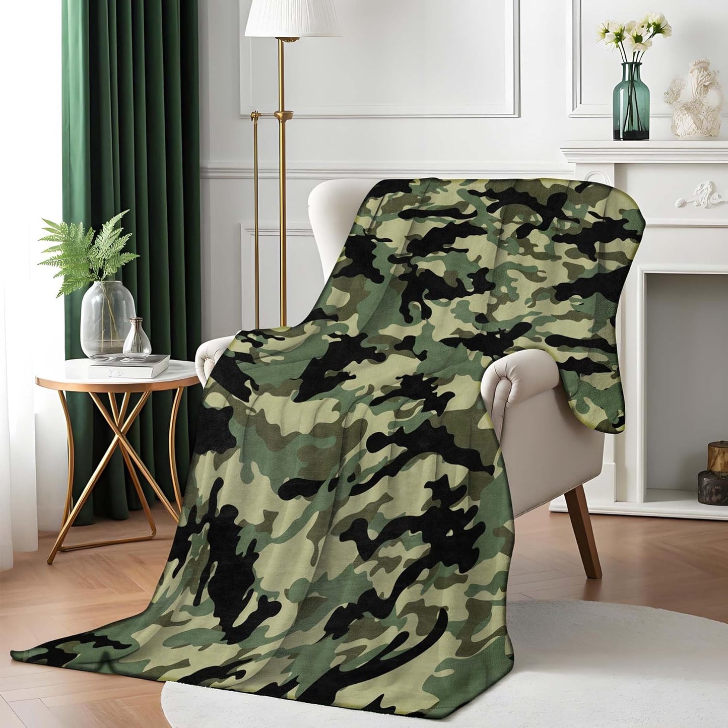 Green Camo Throw Blanket Military Style Flannel Blankets for Couch Bed Living Room Sofa, Decorative Patterned Super Soft Cozy, 50x60 in