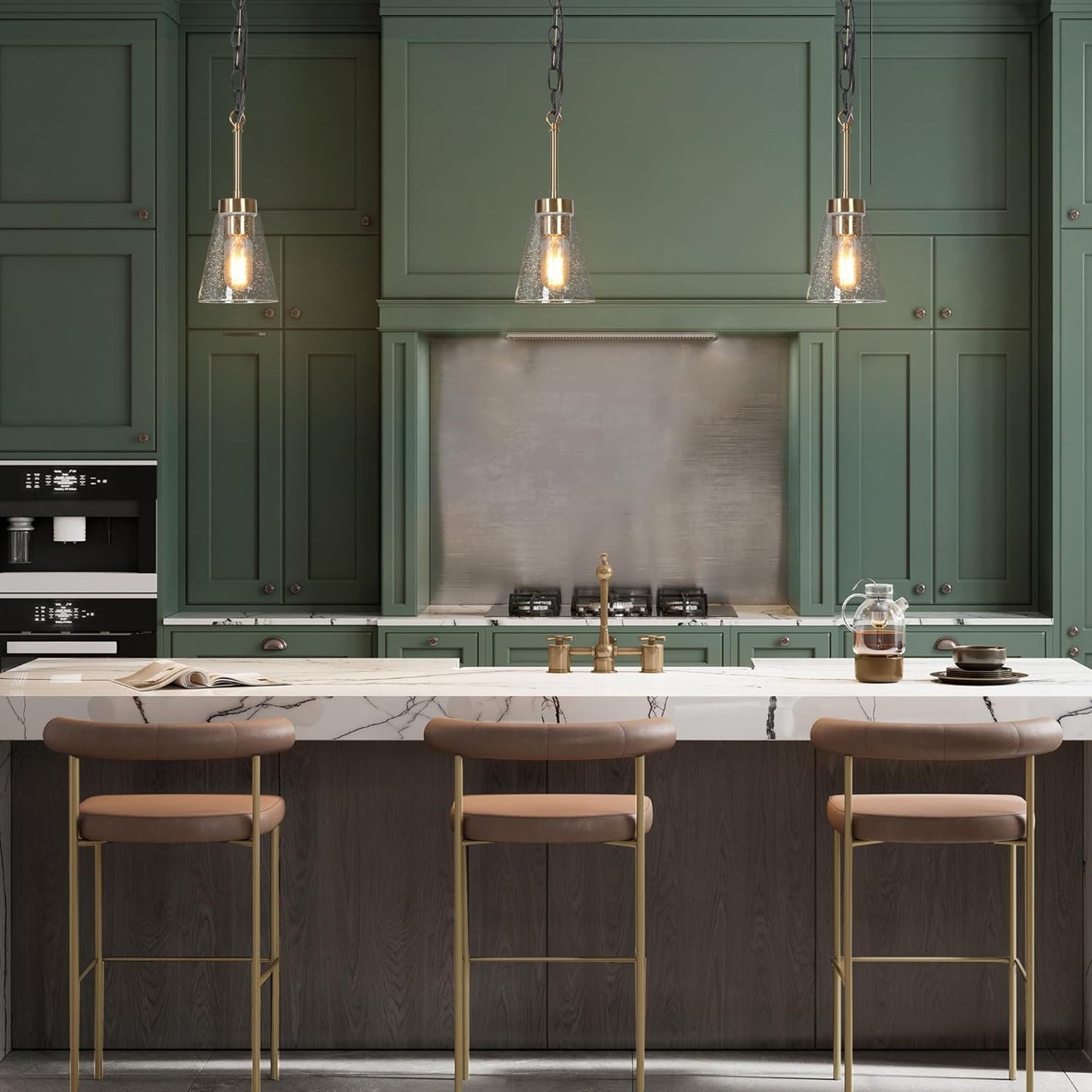 KSANA Black Gold Pendant Light, Modern 1-Light Brass Pendant Lighting Fixture with Seeded Glass Shade and Adjustable Height for Kitchen Island, Dining Room, Foyer and Hallway