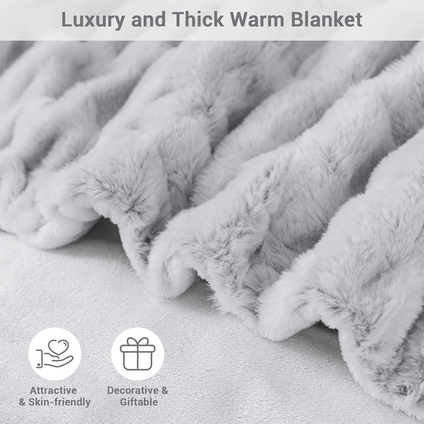 Warm Fuzzy Faux Fur Blanket, Elastic Striped Fleece Throw Blanket for Couch Sofa Bed Living Room, Light Grey Double-Sided Furry Blanket and Throws - 50"x 60"