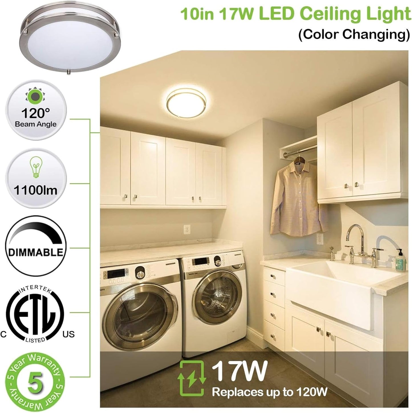 hykolity 10 inch Flush Mount LED Ceiling Light Fixture, 17W 1100lm, 2700K/3000K/3500K/4000K/5000K Adjustable Ceiling Lights, Brushed Nickel Saturn Dimmable Lighting for Hallway Bathroom - 2 Pack