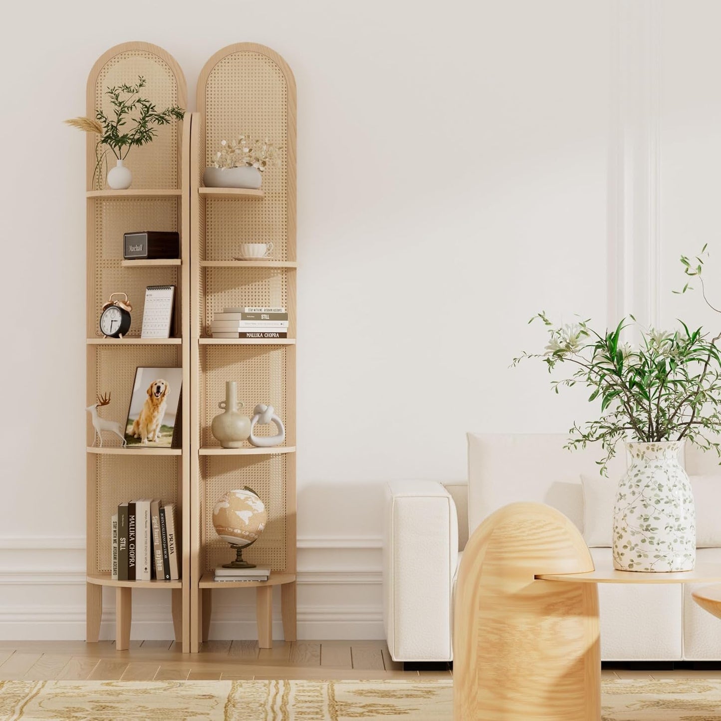 5-Tier Solid Wood Rattan Corner Shelf, Boho Chic Arc Design for Display & Storage, Perfect for Living Room, Bedroom, Bathroom, Natural Brown, 69.29 Inch Tall