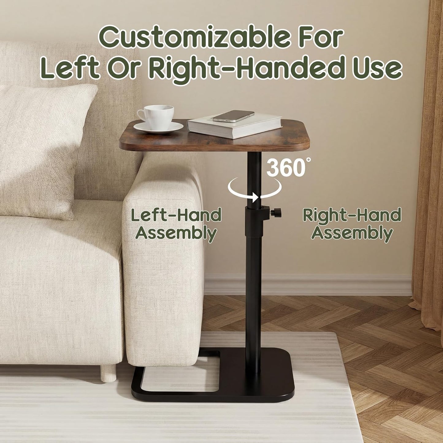 360° Swivel Sofa Tray Table for Couch Arm - Height Adjustable Rotatable End Table for Bed or Chair with Phone & Tablet Slots, TV Tray Table, Side Table Tray for Small Spaces（Rich）