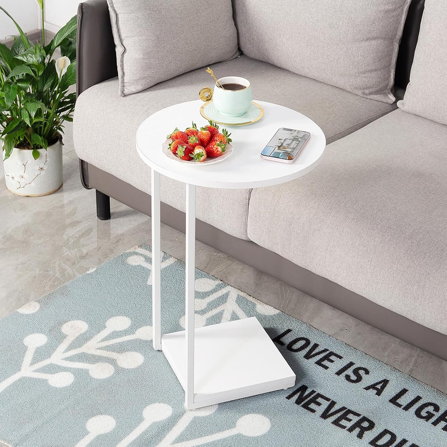 HDANI C Table End Table,Couch Table That Slide Under,Sofa Side Table in Living Room,White