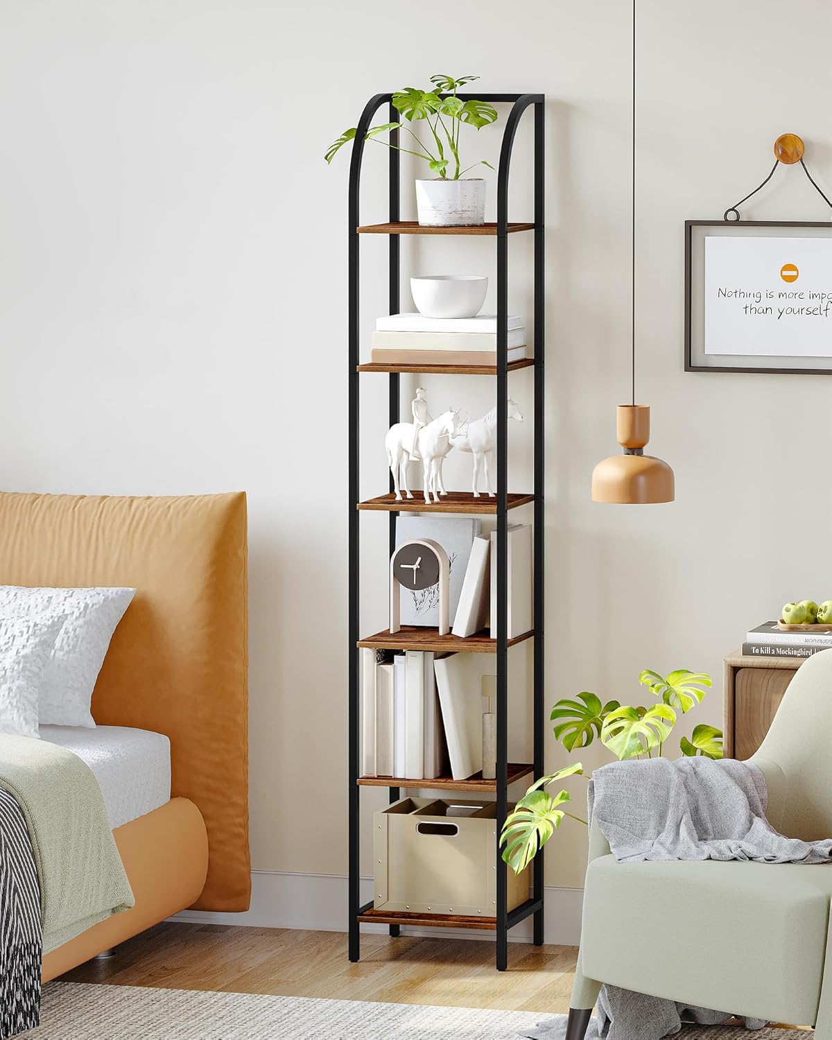 Bookshelf Narrow Bookcase, Tall Storage Rack with Steel Frame, Display Standing Shelf Unit, Skinny Book Shelf for Study Living Room Home Office, Industrial Style, 6-Tier Rustic Brown BC56001B