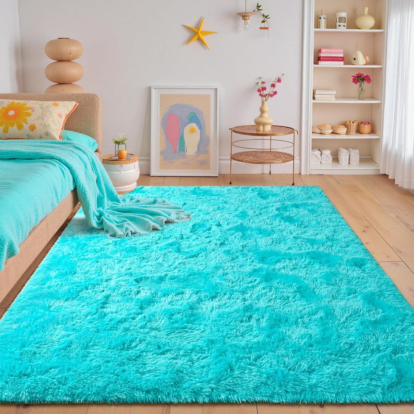 junovo Blue Washable Area Rug for Boys Bedroom Living Room, 4x5.3 Soft Non-Slip Fluffy Rugs, Shag Plush Memory Foam Carpet for Kids Room Baby Nursery Home Decor