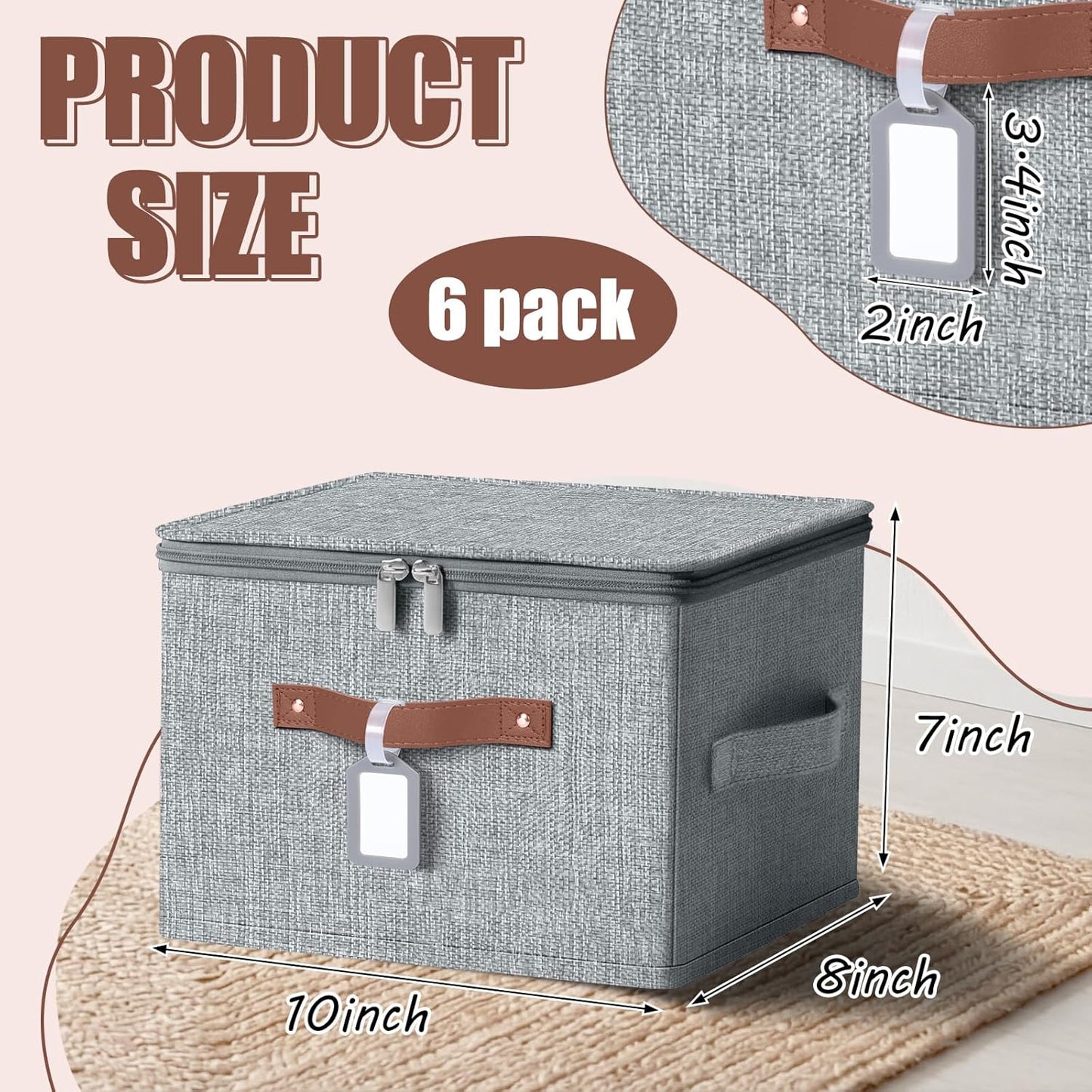 6 Pack Fabric Closet Storage Bins with Zipper Lids and Label, 10×8×7In Large Size Foldable Cotton Linen Storage Cubes Boxes with PU Leather Handles Holders for Bedroom, Shelf, Nursery, Gray