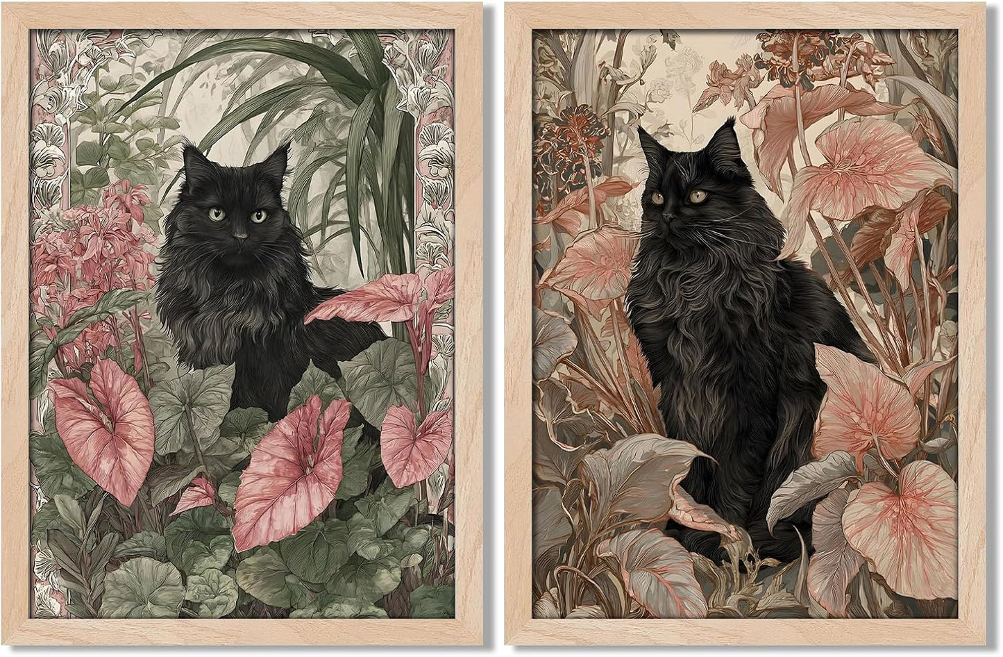 Leaf&Lore Framed Black Cat Botanical Wall Art – Vintage Floral Cat Canvas Painting with Solid Wood Frame & Acrylic Cover, Elegant Nature Picture Prints for Living Room Home Decor12x16IN