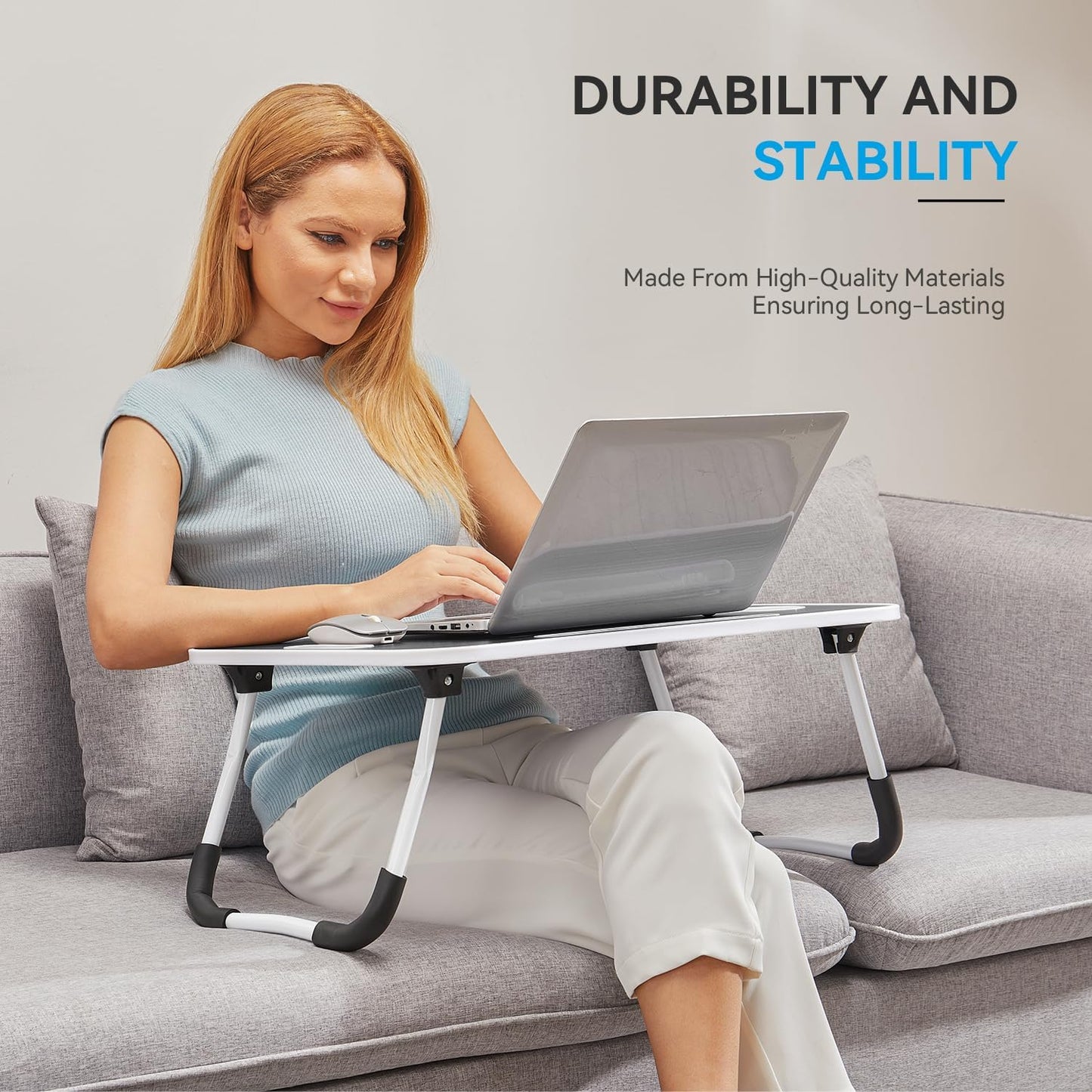 BUYIFY Folding Lap Desk, 23 Inch Portable Wood Black Laptop Bed Desk Lap Desk with Cup Holder, for Working Reading Writing, Eating, Watching Movies for Bed Sofa Couch Floor