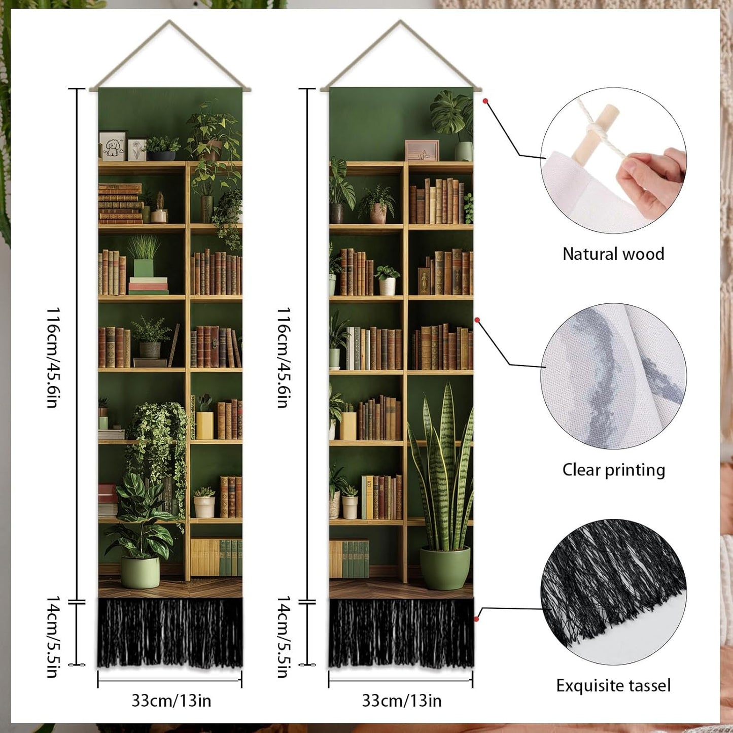 SUPERDANT 2 Pcs Bookshelf Tapestry Vertical Wall Hanging Long Polyester Fade-Resistant Colorful Bookshelf Print Tapestry Set for Bedroom Living Room Office Entryway Decor