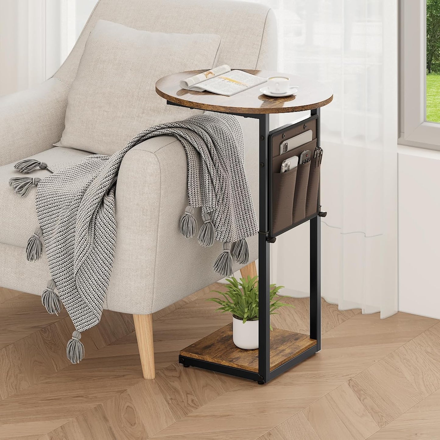 Vagusicc C Shaped End Table, Adjustable Height Small Side Table for Couch, 32" Tall Couch Side Table Slide Under Sofa Table TV Tray with Storage Bag for Living Room and Bedroom, Brown