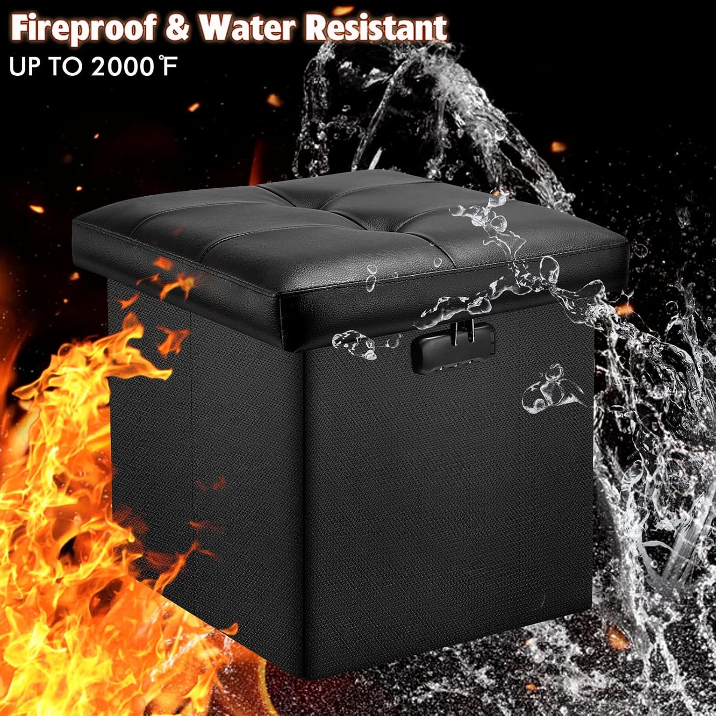 Tamfile Small Ottoman with Storage, 13 x 13 x 13 inch Fireproof Safe Folding Ottoman with Lock for Important Documents, Waterproof Foot Rest Stool with Storage, Ottoman Foot Rest with Handle, Black