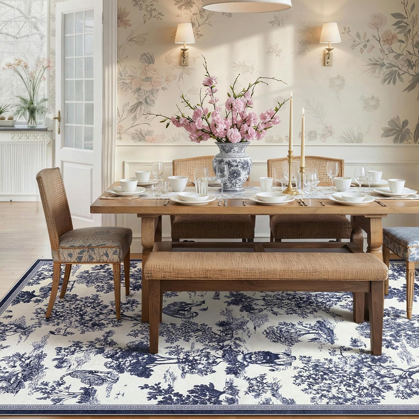 LIVEBOX 8x10 Area Rugs Toile Delft Blue Rug for Living Room, Washable Rug for Bedroom Dining Room Nursery Room, Soft Low Pile Non Slip, Vintage Animal Jungle Print Carpet Home Décor