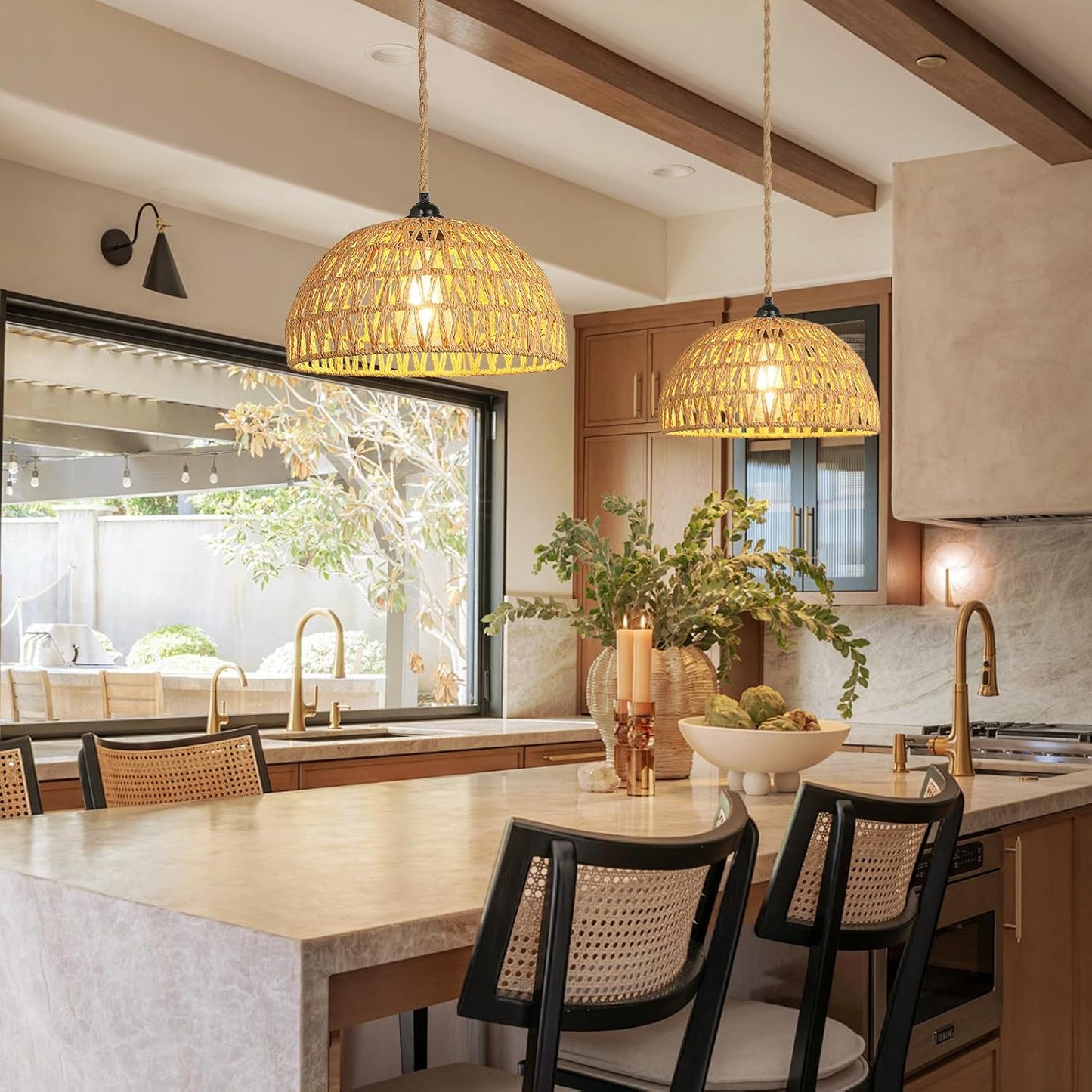 Boho Pendant Light Plug in: Rattan Hanging Lamp with 14.7ft Plug in Cord, Adjustable Height Hand Woven Hanging Light Fixture for Living Room, Bedroom, Dining Room, Kitchen, E26 No Bulb
