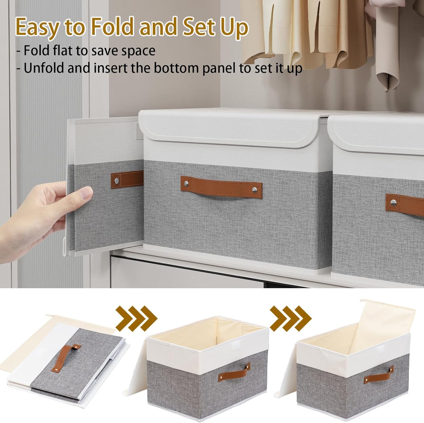 Yawinhe Collapsible Storage Bin, Cube Organizer Basket, Fabric Box with Lids, Washable and Leather Handle, for Home, Closet, White/Grey, 13.0''Lx9.0''Wx7.9''H, 1-Pack, SNK024WGS-1